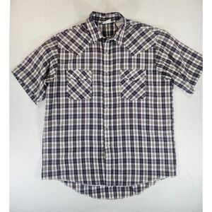 Western Frontier Pearl Snap Shirt Mens L Short Sleeve Plaid Country Blue Cotton